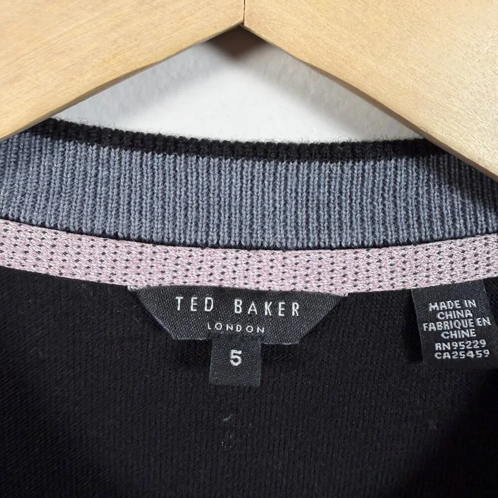 Ted Baker Wool Crewneck Sweater Mens Size 5 US XL Black Gray Stripes Flaw*